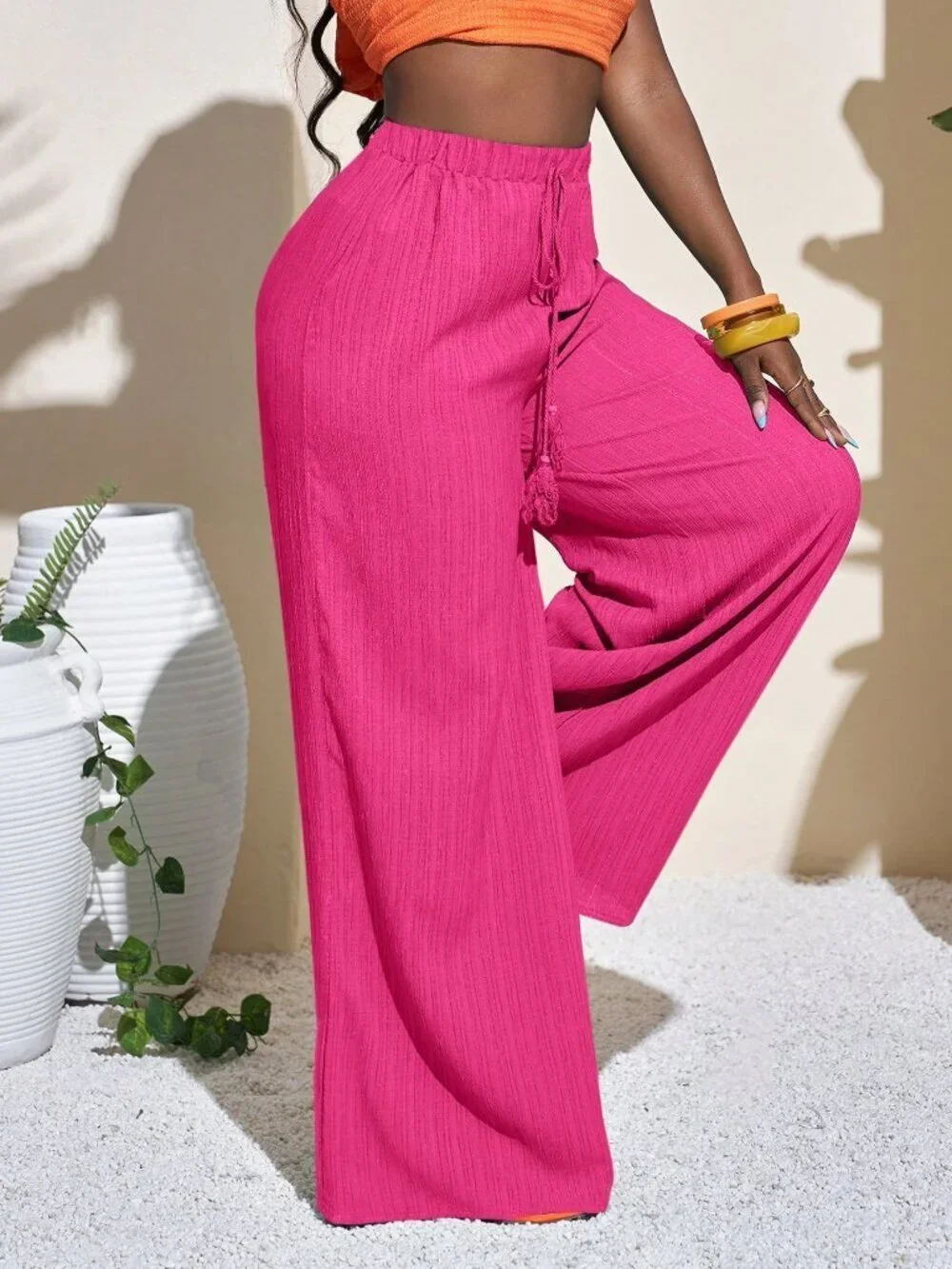Hot Pink Casual Women's Full-Length Geometric Pattern Palazzo Pants